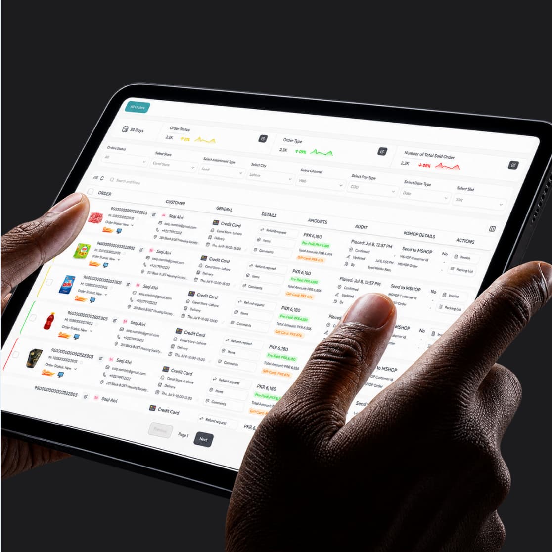 Tablet showing payment and inventory table